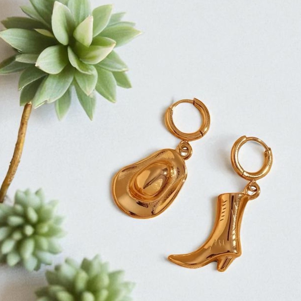 ✅NEW✅ 18K Gold Plated Stainless Steel Earrings - Boots & Cowboy Hat